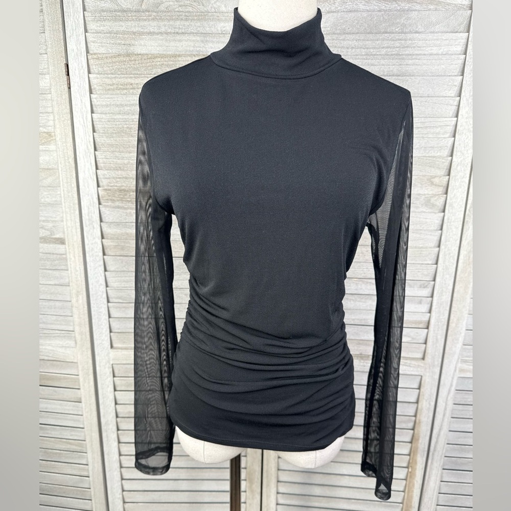 ADRIANNA PAPELL Black Mesh Sleeve Mockneck Knit Top with Side Ruching-Large